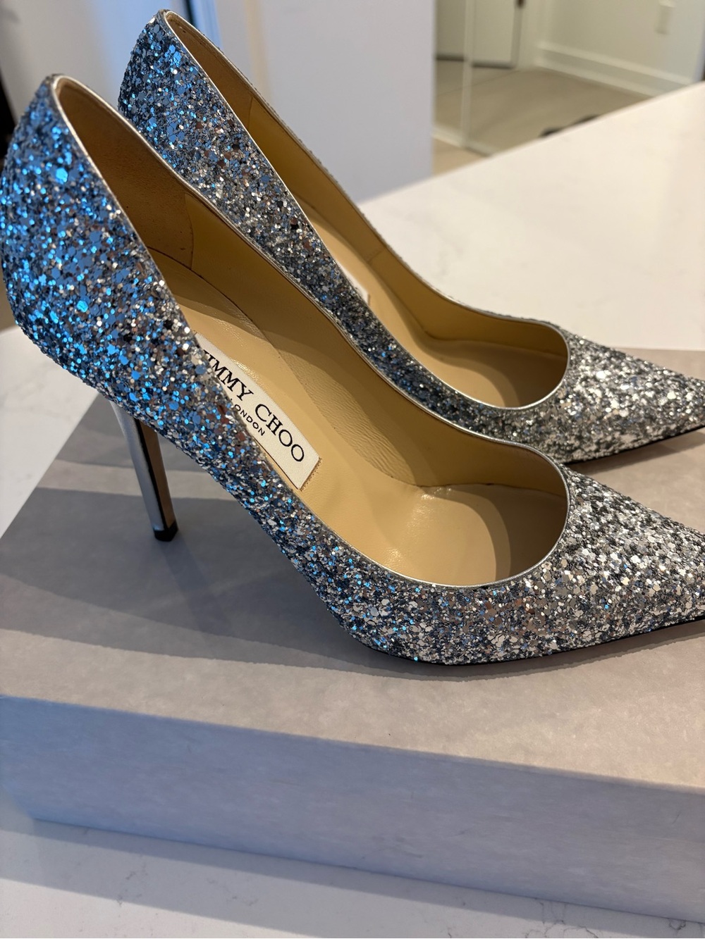 Jimmy Choo Silver Glitter Pointed Pumps